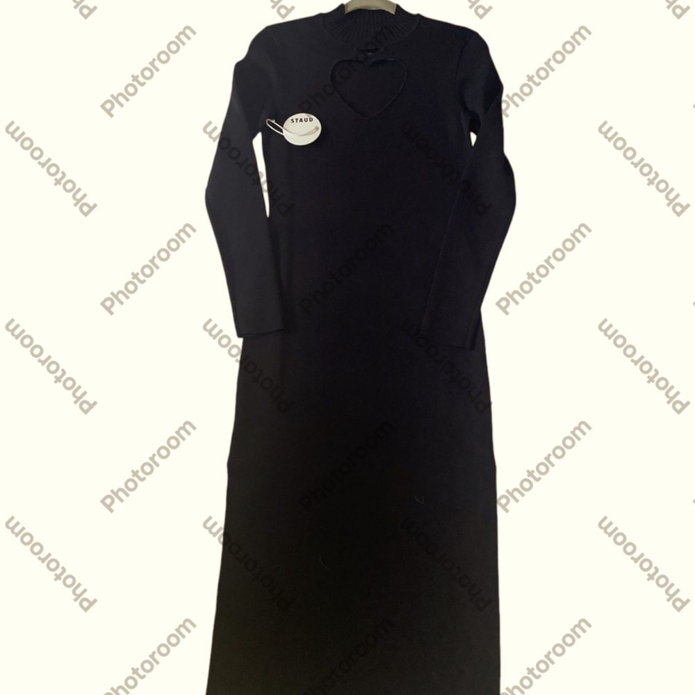 Staud Black Castle Dress. Heart Shaped Cutout. Cawl Neck. Side Slit’s. Size: M.